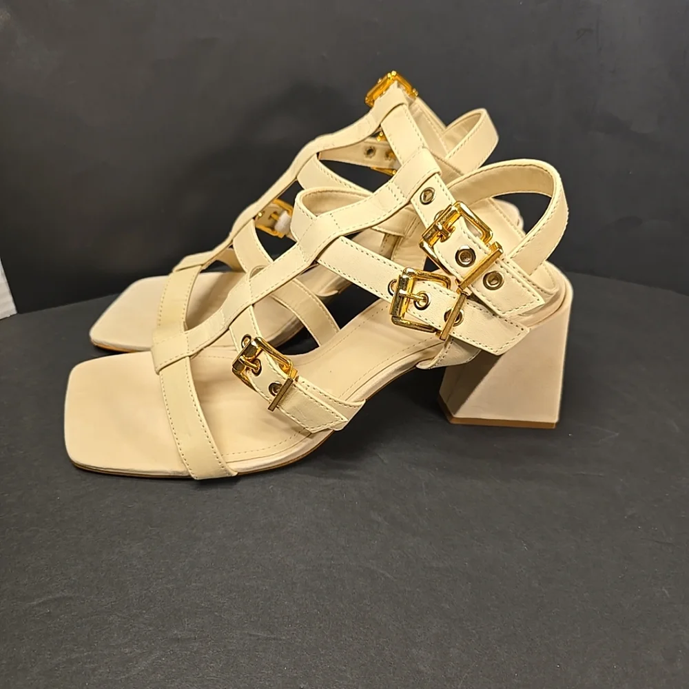 SCHUTZ Yala‎ Block Sandal Womens Size 10 Eggshell Color With Gold Buckles New